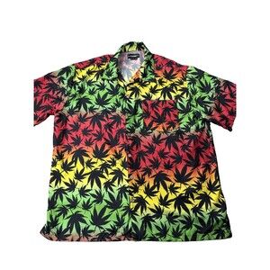Buddies Mens Sz XL Shirt Short Sleeve Button Up Pot Leaf Cannabis Rasta Weed